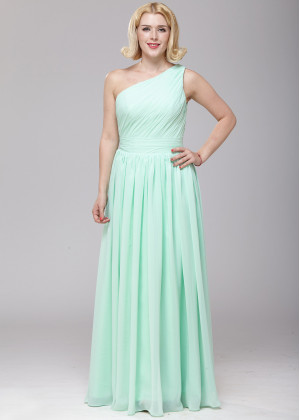 One Shoulder Mint Green Chiffon Pleated Maxi Bridesmaid Dress